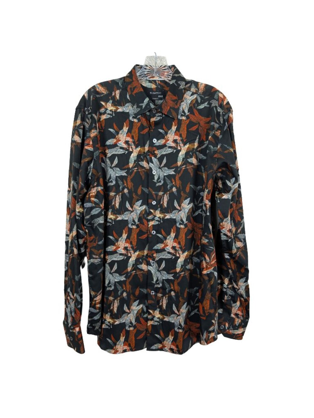 Bugatchi Mens M Classic Fit Button Front Shirt Black Orange Leaf Print Cotton